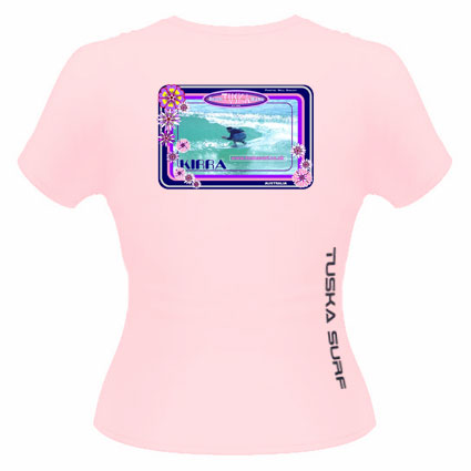 SURF PHOTO OF KIRRA ON A SURF TEE SHIRT
