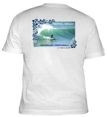 Tuska surf Tee shirt with surf action photo of Fistral Beach Newquay Cornwall UK