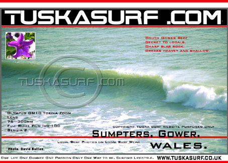 Surf photo of barrelling wave at Sumpters reef on the Gower Peninsular available on surf clothing