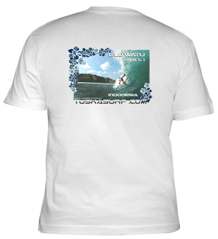 Surf Tee shirt with Bali barrel surf photo on it