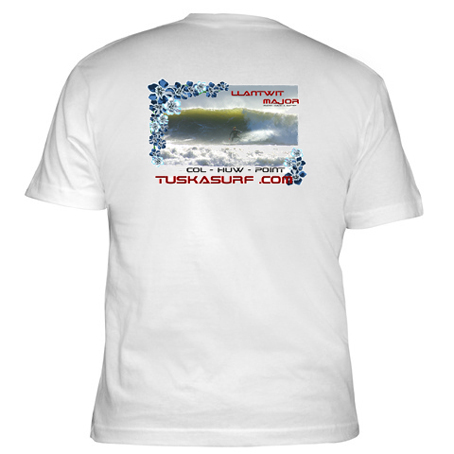 Surf T shirt with surf photo of Llantwit Major Col Huw Point in Wales UK