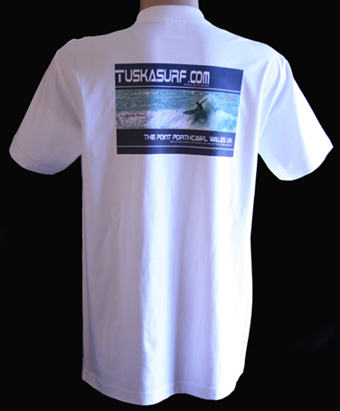 Surf Tee shirt with surf action design for Porthcawl Point Wales UK.