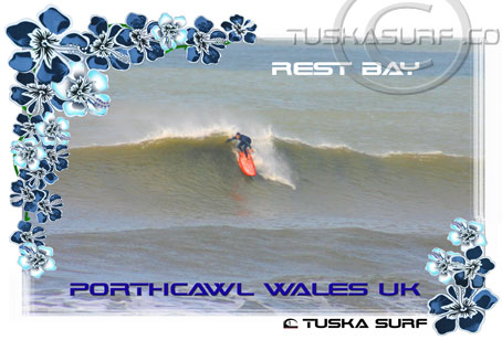 Surf wear with surf action photo of Rest Bay Porthcawl Wales UK surf